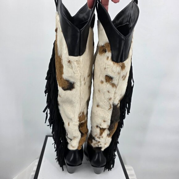 AZALEA WANG Gwayne Cow Print Knee High Fringed Western Boot Buckles 7-11 NWT - Picture 10 of 15